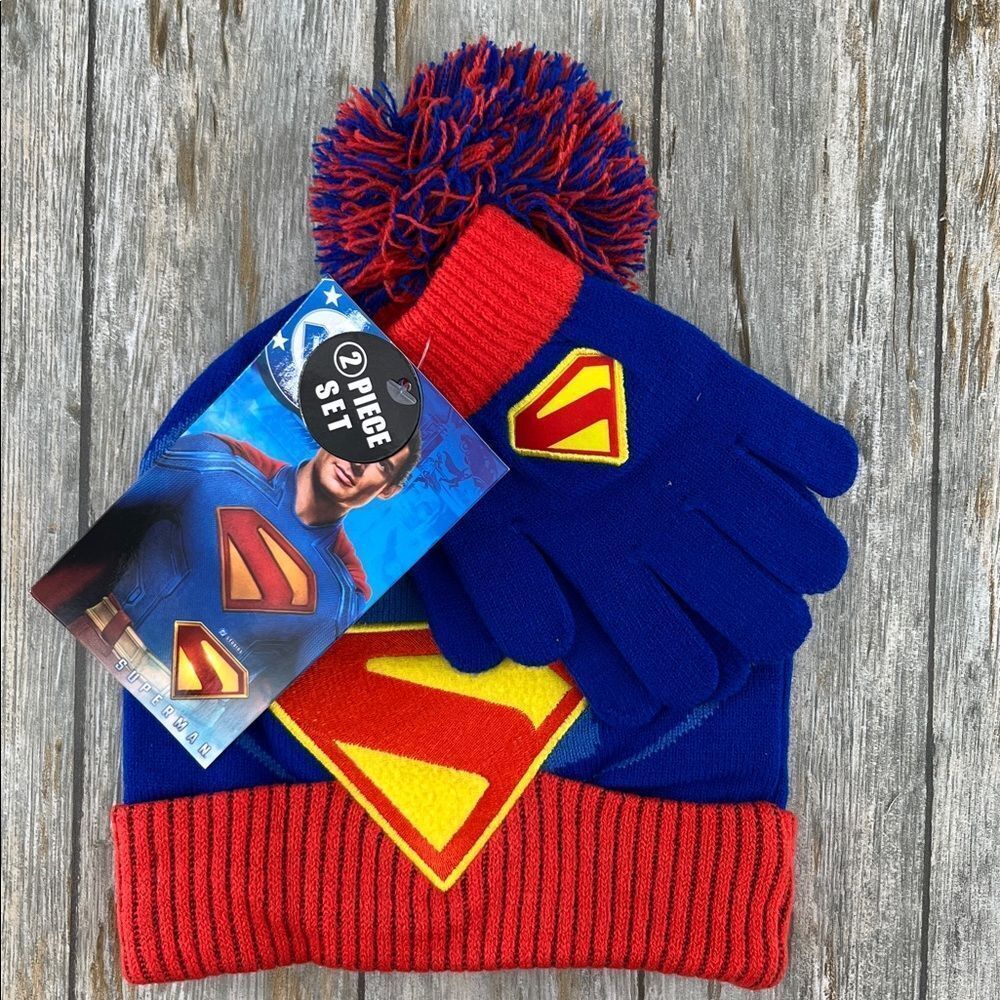 Boys Superman Beanie Hat & Glove Set Winter